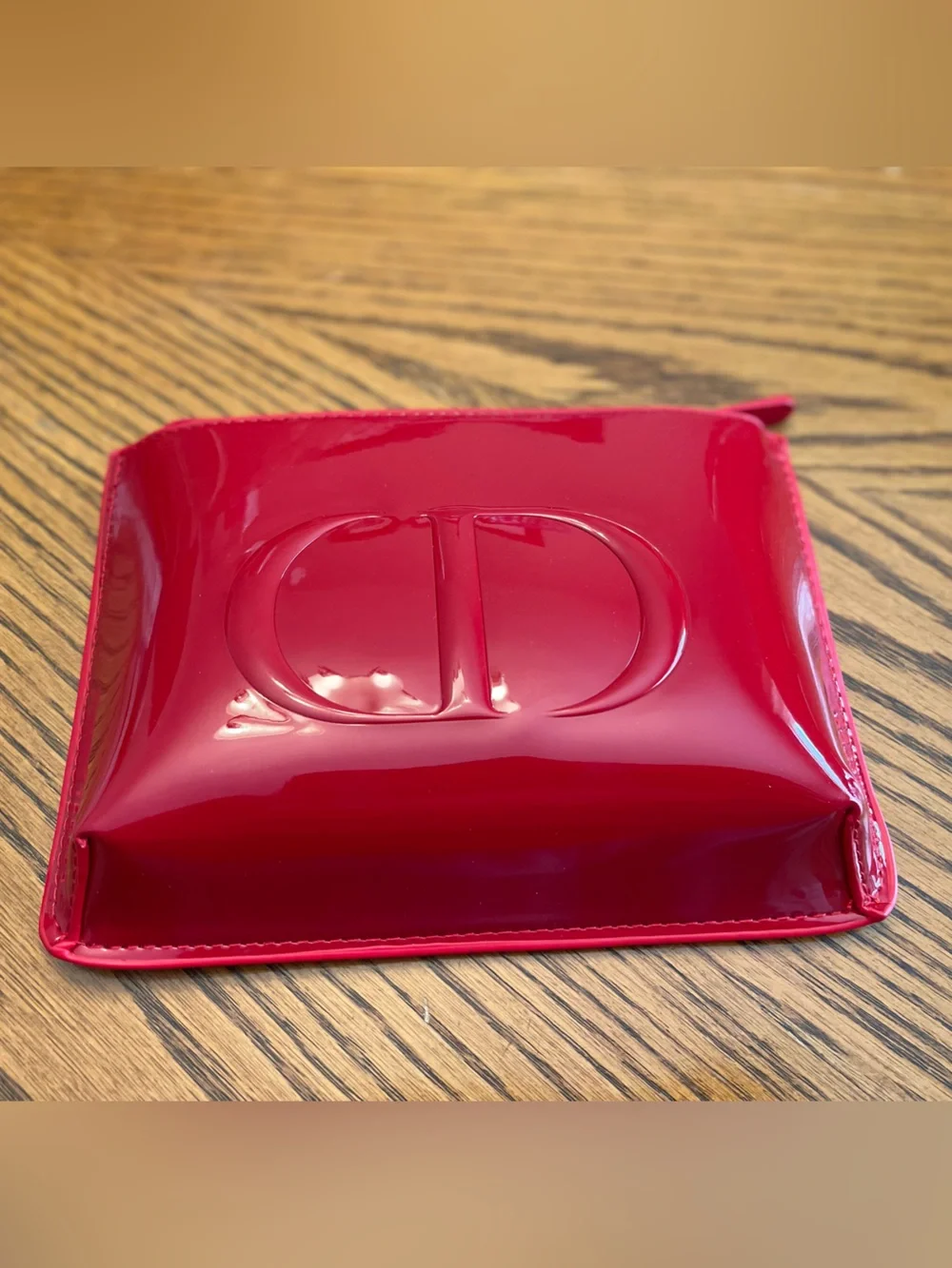 Christian Dior Glossy Red Patent Leather Pouch with Embossed Logo NEW